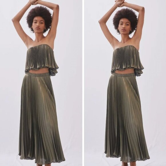 NWT NYE Anthropologie Pleated Metallic Skirt 14 Gold Top Midi | wedding guest - Picture 4 of 8